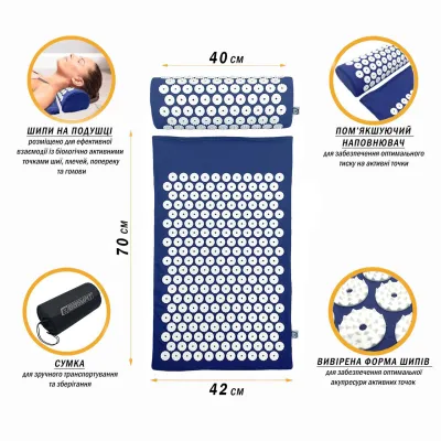 Масажний килимок Easyfit з подушкою (аплікатор Кузнєцова) Синій з білим - 1 - Robinzon.ua