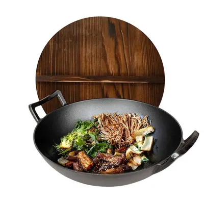 Чавунный вок (казан) 35.5*10 см с деревянной крышкой GRILLI 9637. - 3 - Robinzon.ua