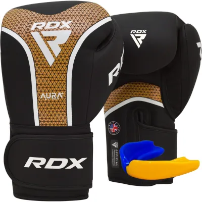 Боксерские перчатки RDX AURA PLUS T-17 Black Golden 14 унций (капа в комплекте) - Robinzon.ua