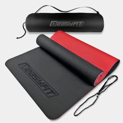 Килимок для йоги та фітнеса EasyFit TPE+TC 6мм двошаровий + Чохол чорний з червоним - Robinzon.ua