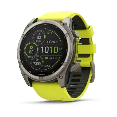 Смарт-годинник Garmin Fenix 8 – 51 мм, Solar Sapphire, титан з яскраво-жовтим/графітовим силіконовим ремінцем - Robinzon.ua